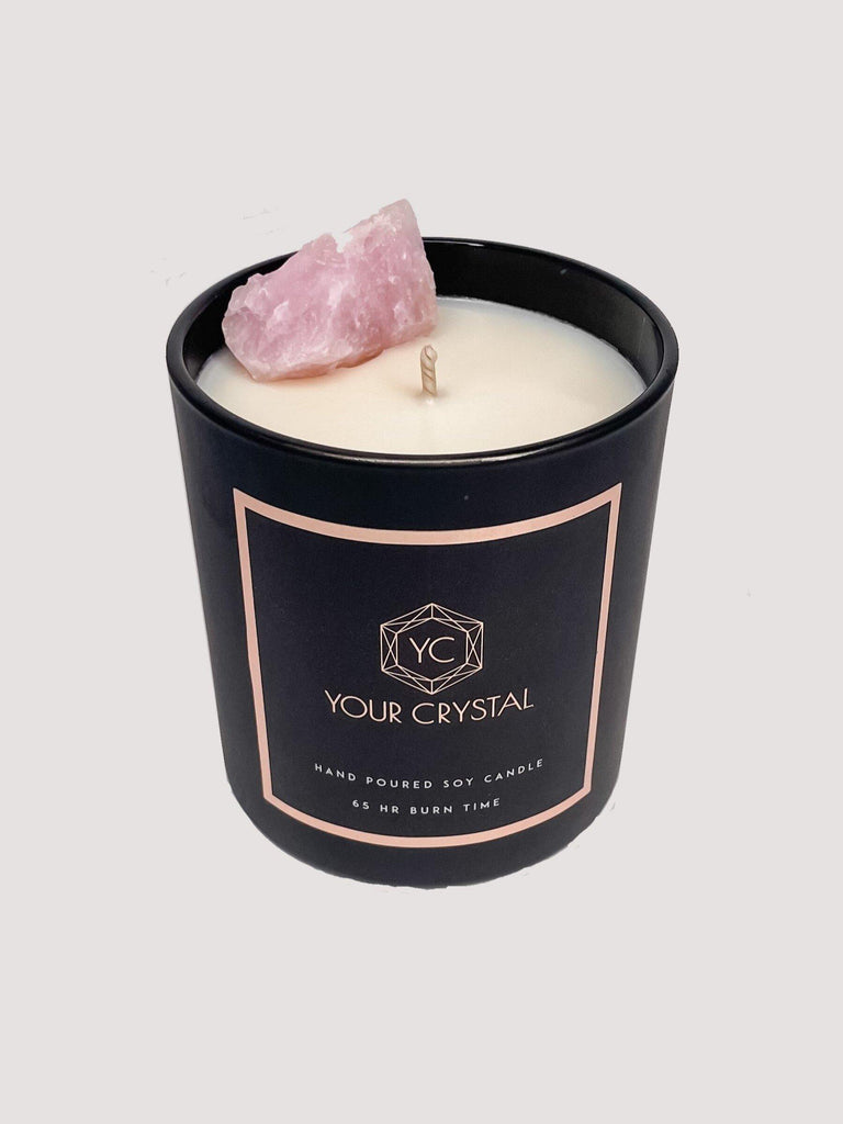 Khuraman Armstrong, Your Chrystal, Camelia and Pink Lotus scented candle with Rose Quartz crystal