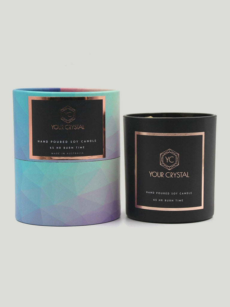 Khuraman Armstrong, Your Chrystal, Leather and Oudh scented candle with Selenite crystal